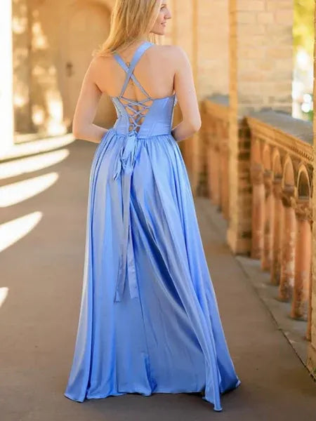 A-Line Halter V-Neck Waist-cinching Satin Sky Blue Long Prom Dress With Slit
