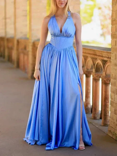 A-Line Halter V-Neck Waist-cinching Satin Sky Blue Long Prom Dress With Slit