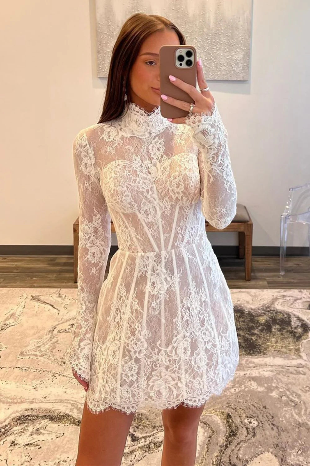 A-Line High Neck Long Sleeves Lace White Short Homecoming Dress Custom