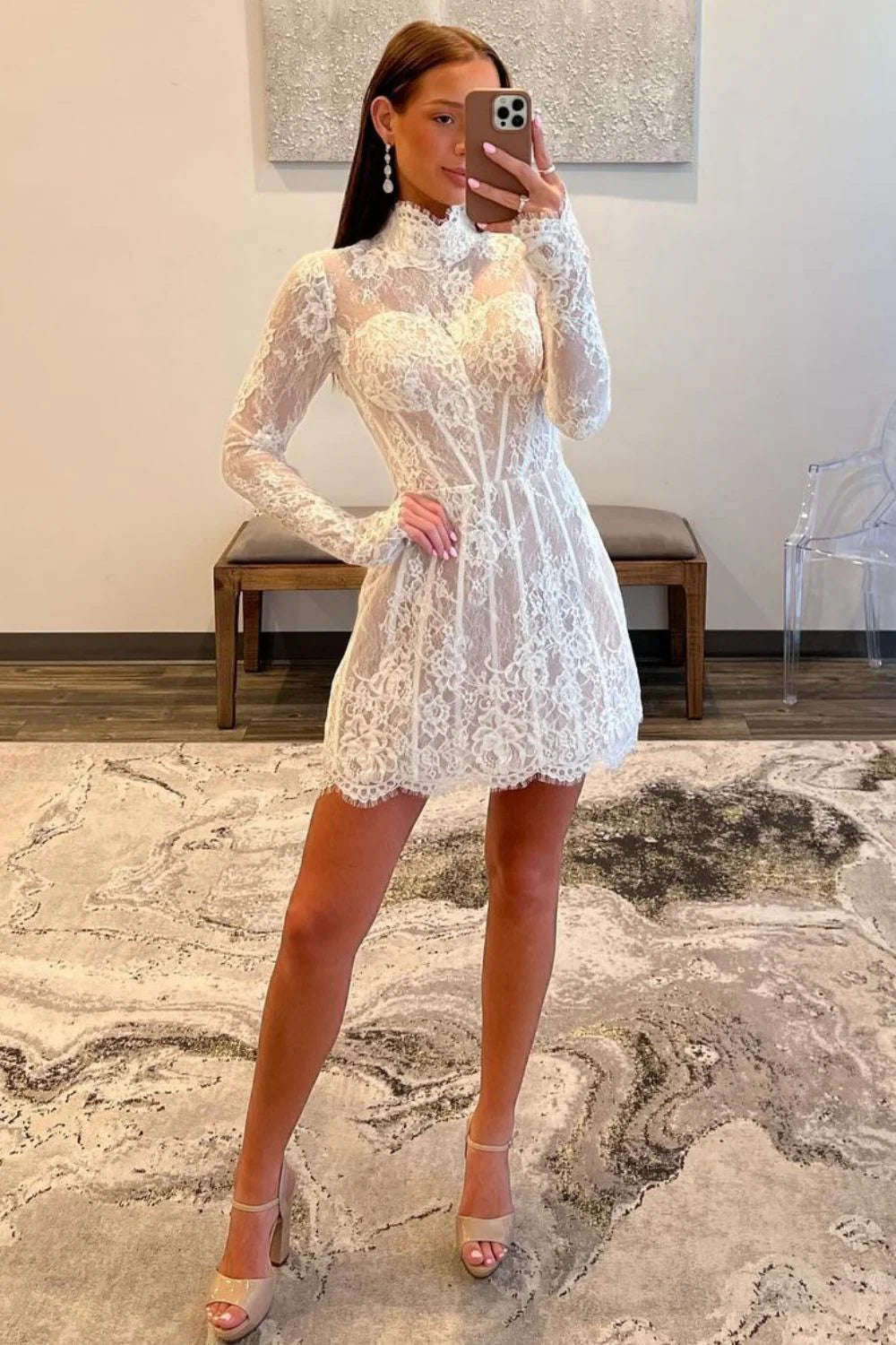 A-Line High Neck Long Sleeves Lace White Short Homecoming Dress Custom