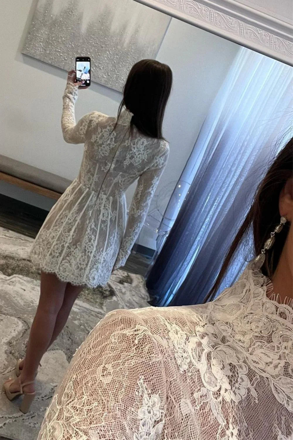 A-Line High Neck Long Sleeves Lace White Short Homecoming Dress Custom