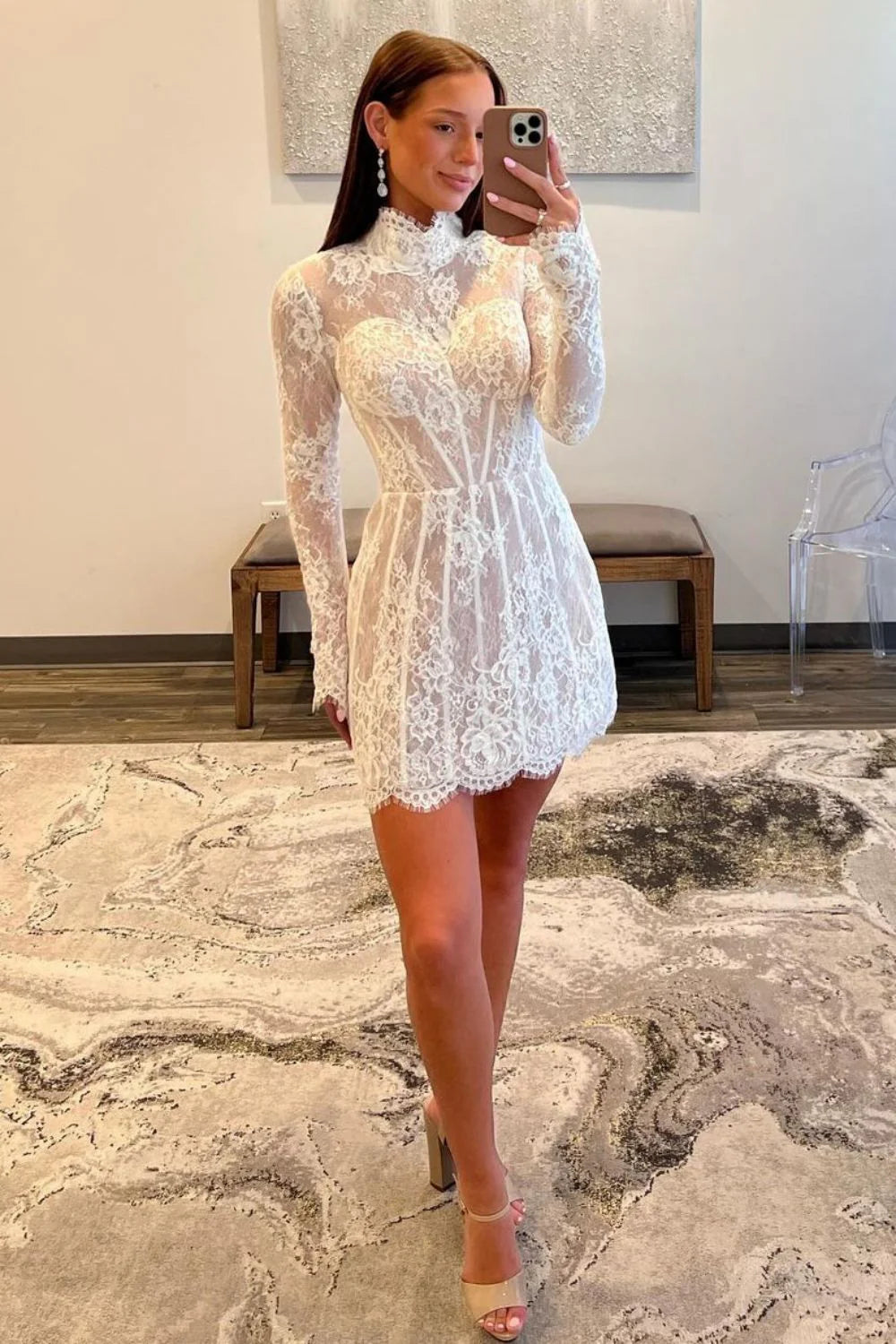 A-Line High Neck Long Sleeves Lace White Short Homecoming Dress Custom