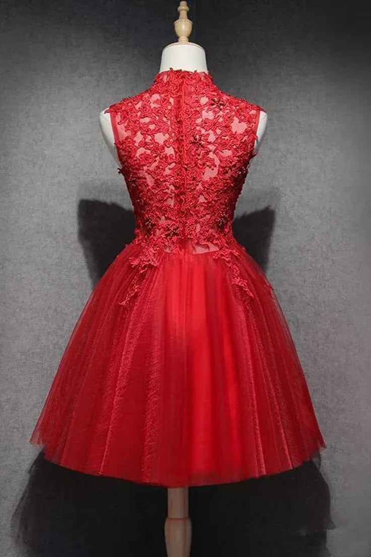 A-Line High Neck Sheer Lace Applique Tulle Red Short Homecoming Dress