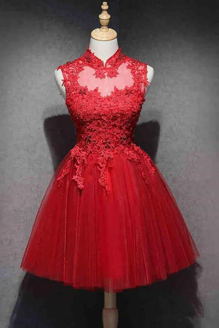 A-Line High Neck Sheer Lace Applique Tulle Red Short Homecoming Dress