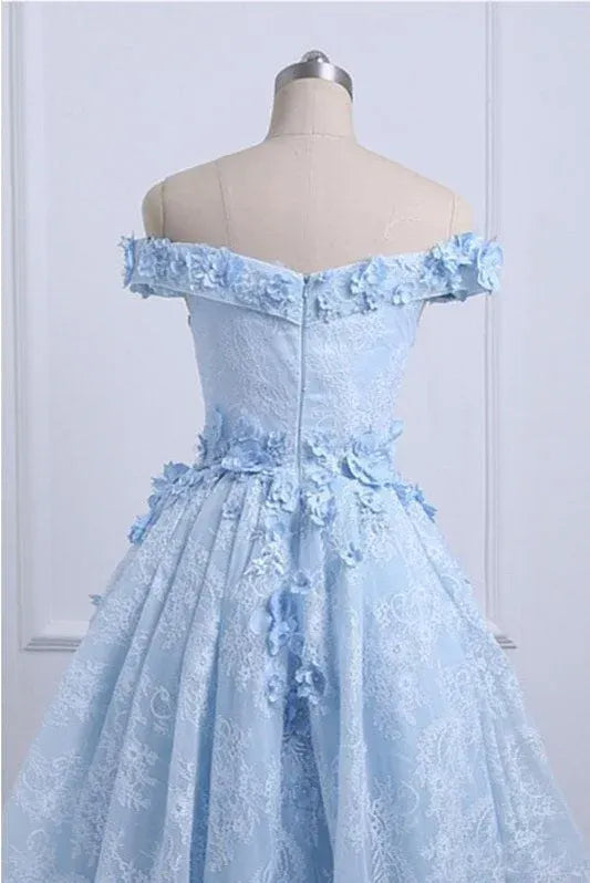 A-Line Off-Shoulder 3D Floral Appliques Lace Light Blue High-Low Homecoming Dress