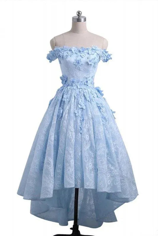 A-Line Off-Shoulder 3D Floral Appliques Lace Light Blue High-Low Homecoming Dress