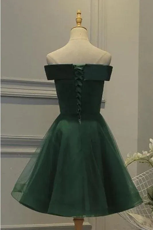 A-Line Off-Shoulder Applique Dark Green Short Homecoming Dress With Lace Appliques