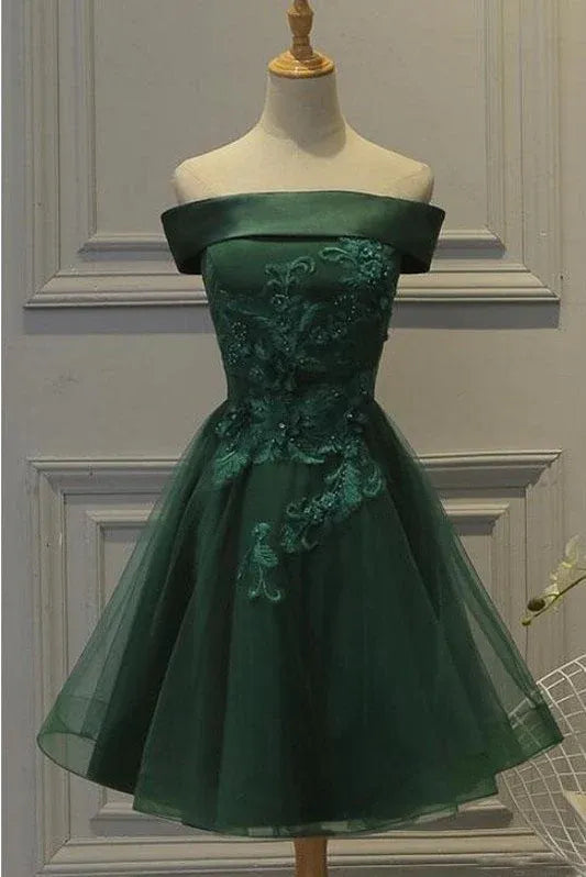 A-Line Off-Shoulder Applique Dark Green Short Homecoming Dress With Lace Appliques