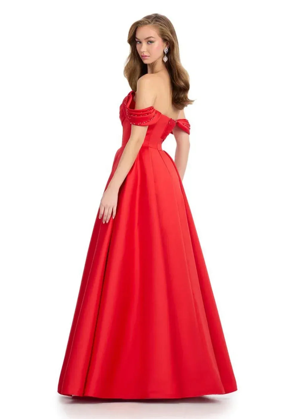 A-Line Off-Shoulder Beaded Ruched Satin Red Maxi Evening Dress Ready To Ship