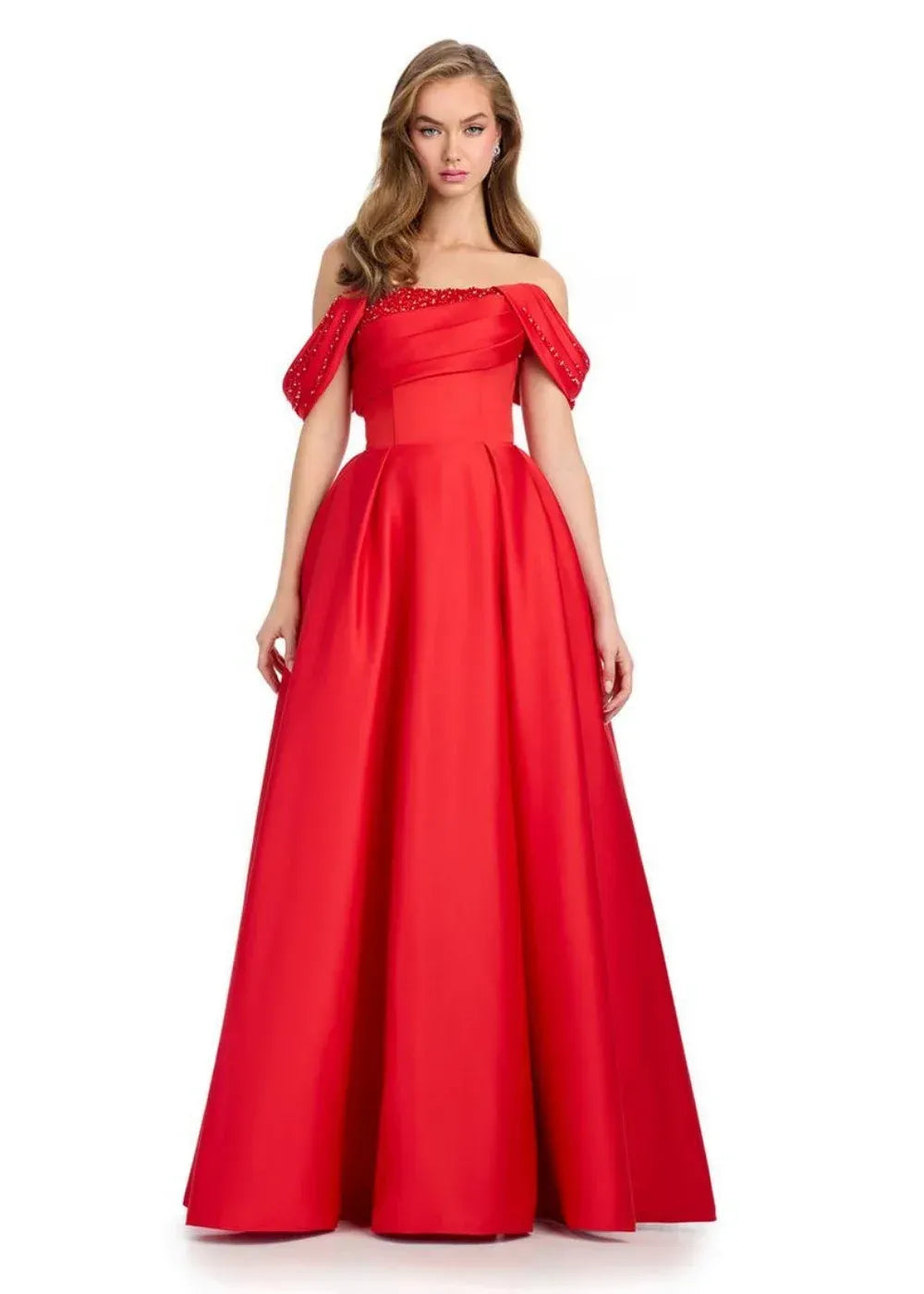 A-Line Off-Shoulder Beaded Ruched Satin Red Maxi Evening Dress Ready To Ship