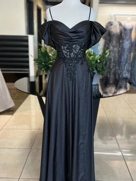 A-Line Off-Shoulder Ruched Sequins Applique Lace Satin Black Long Prom Dress