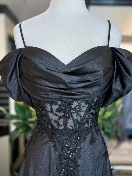 A-Line Off-Shoulder Ruched Sequins Applique Lace Satin Black Long Prom Dress