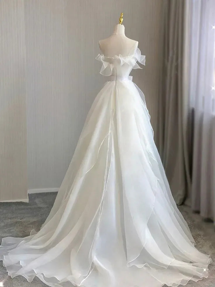 A-Line Off-Shoulder Ruffle Organza White Long Prom Dress With Bow Custom