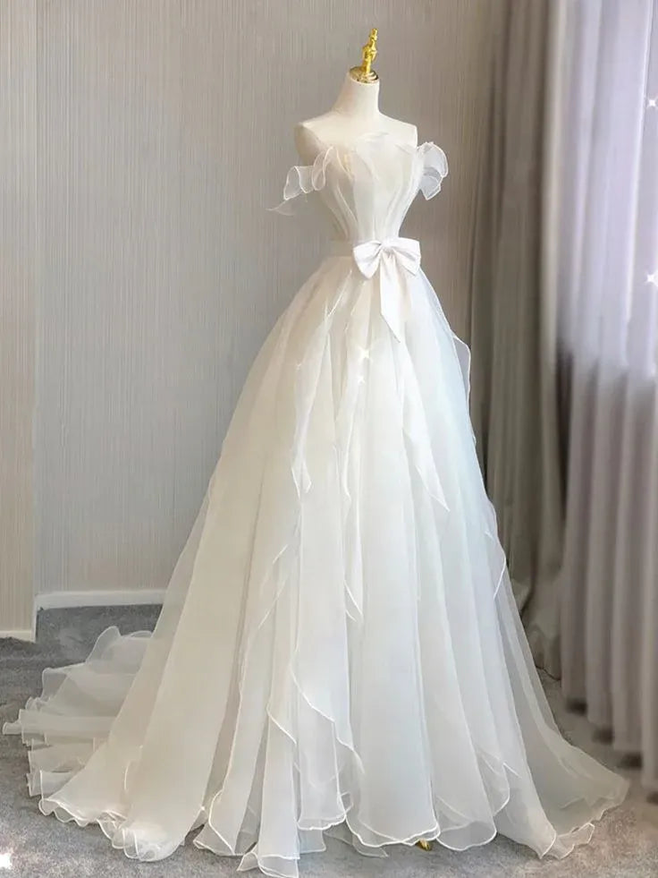 A-Line Off-Shoulder Ruffle Organza White Long Prom Dress With Bow Custom
