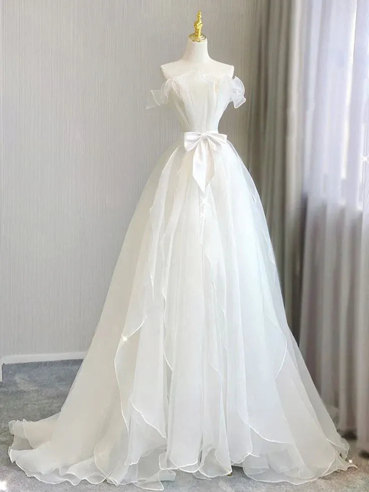 A-Line Off-Shoulder Ruffle Organza White Long Prom Dress With Bow Custom