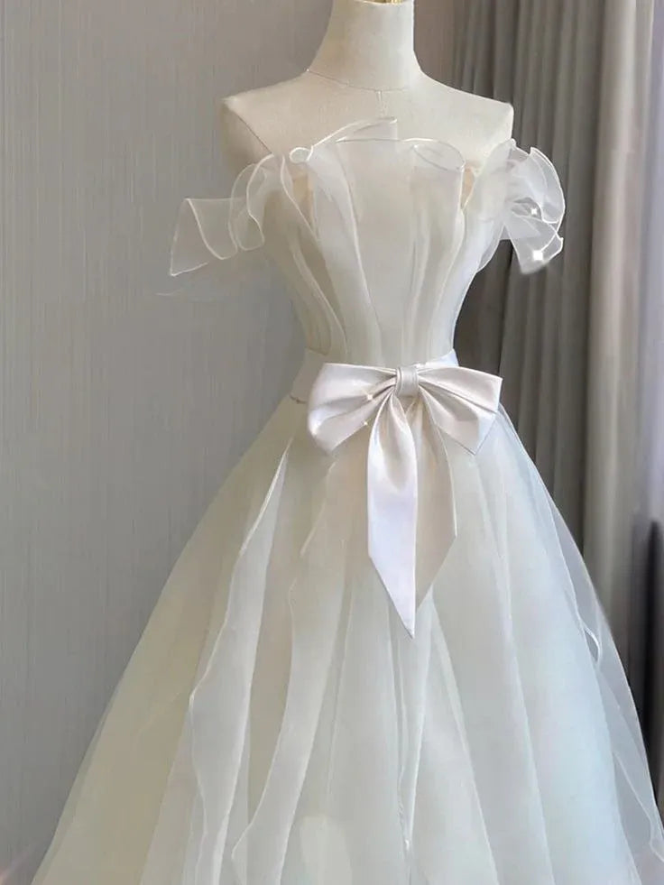 A-Line Off-Shoulder Ruffle Organza White Long Prom Dress With Bow Custom
