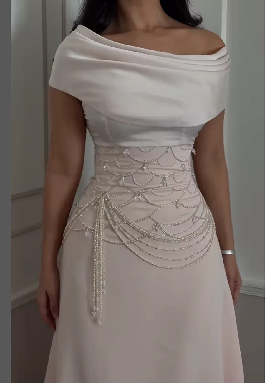 A-Line Off-The-Shoulder Beaded Blushing Pink Long Prom Dress With Corset Back