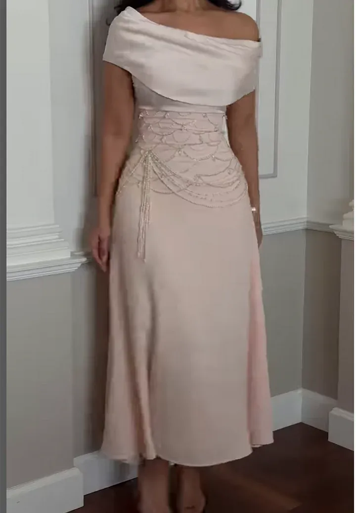 A-Line Off-The-Shoulder Beaded Blushing Pink Long Prom Dress With Corset Back