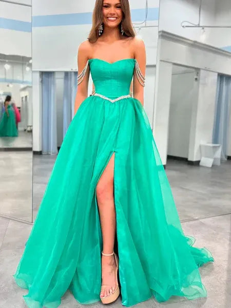 A-Line Off-The-Shoulder Beaded Slit Green Prom Dress With Sweep Train
