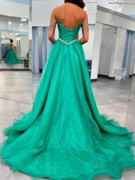 A-Line Off-The-Shoulder Beaded Slit Green Prom Dress With Sweep Train