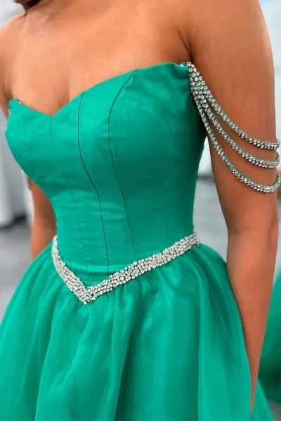 A-Line Off-The-Shoulder Beaded Slit Green Prom Dress With Sweep Train