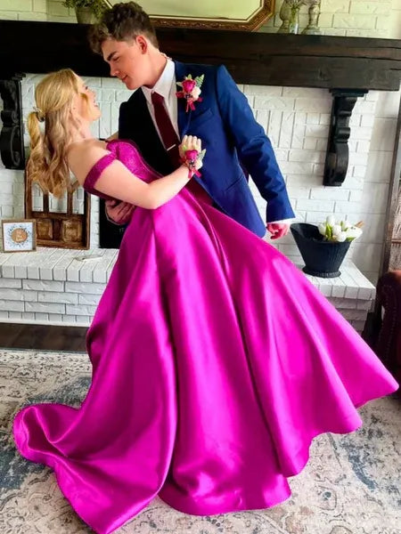 A-Line Off-The-Shoulder Lace Applique Satin Fuchsia Floor Length Prom Dress
