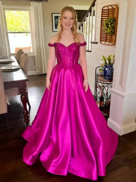A-Line Off-The-Shoulder Lace Applique Satin Fuchsia Floor Length Prom Dress