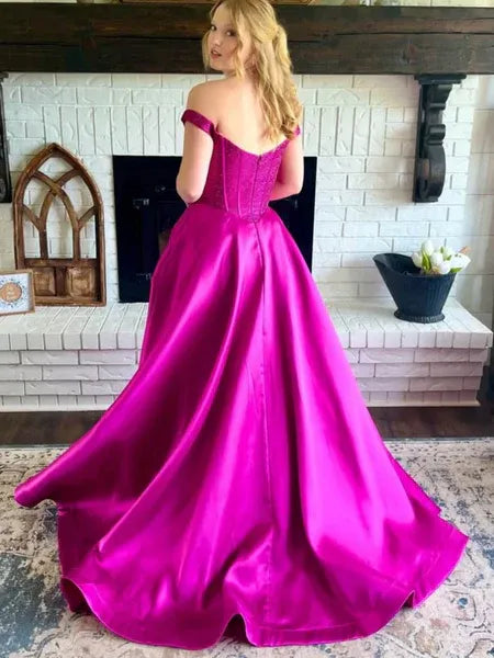 A-Line Off-The-Shoulder Lace Applique Satin Fuchsia Floor Length Prom Dress