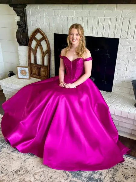 A-Line Off-The-Shoulder Lace Applique Satin Fuchsia Floor Length Prom Dress