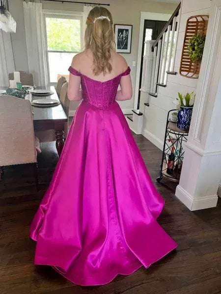 A-Line Off-The-Shoulder Lace Applique Satin Fuchsia Floor Length Prom Dress