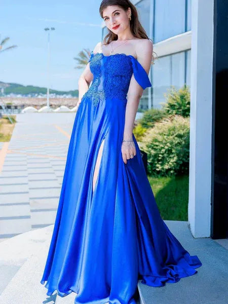 A-Line Off-the-Shoulder Applique Satin Royal Blue Long Prom Dress With Slit