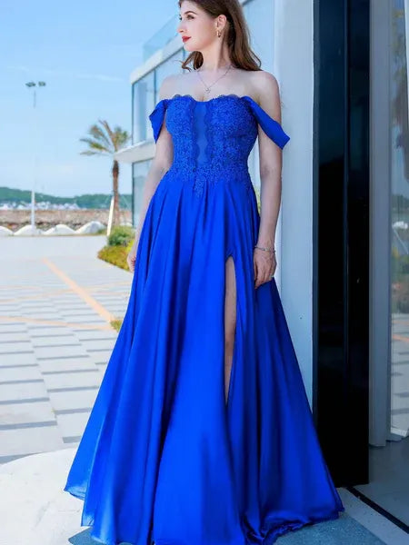 A-Line Off-the-Shoulder Applique Satin Royal Blue Long Prom Dress With Slit