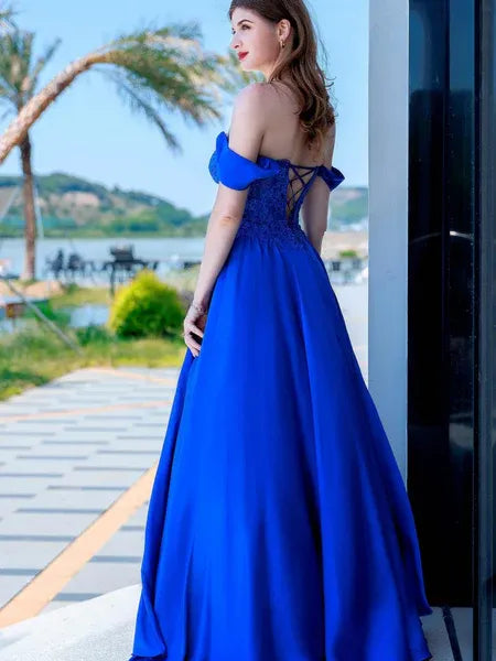 A-Line Off-the-Shoulder Applique Satin Royal Blue Long Prom Dress With Slit