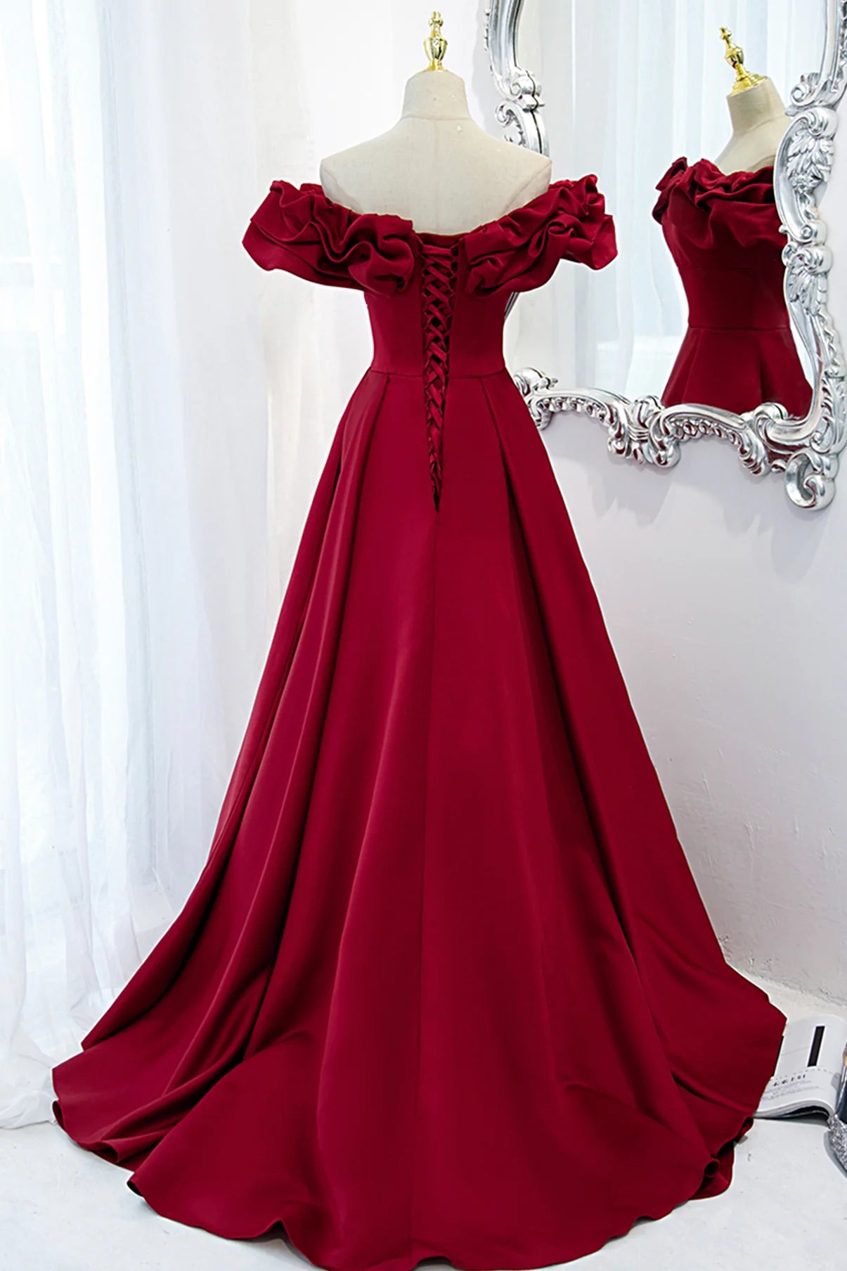 A-Line Off-the-Shoulder Satin Burgundy Long Prom Dress Evening Dress