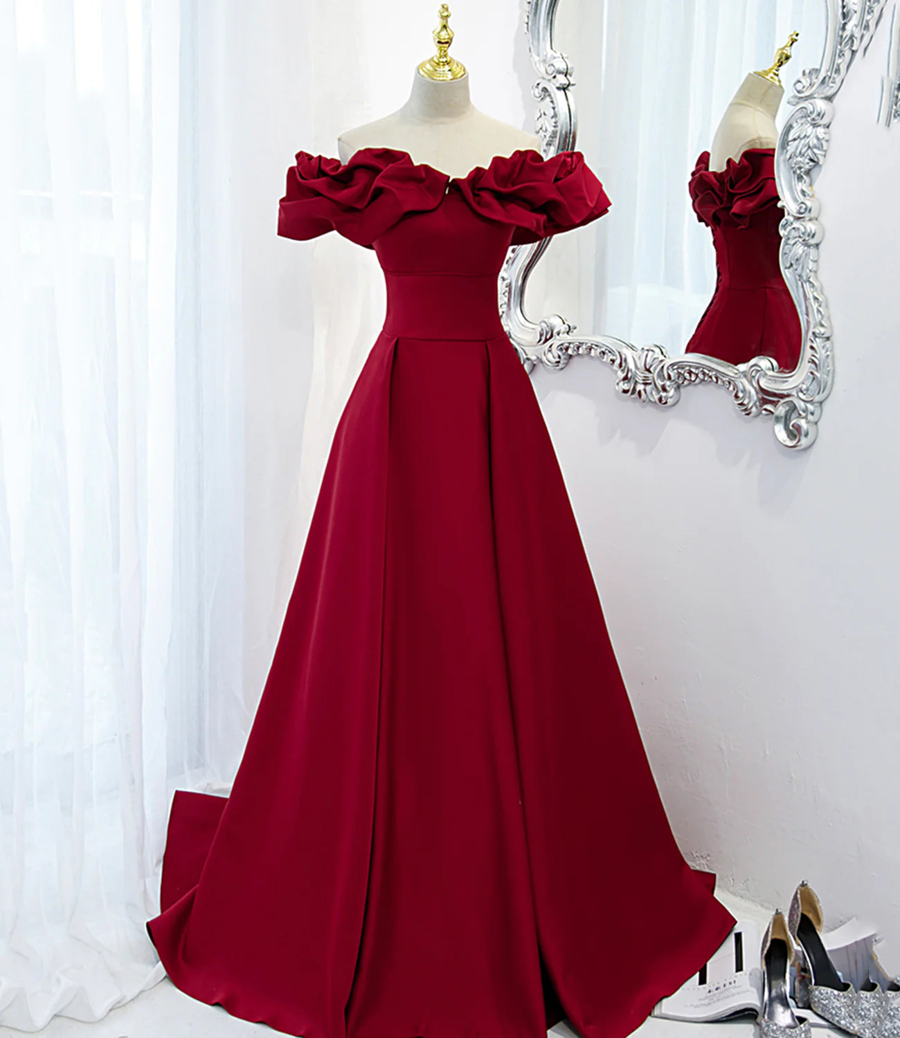 A-Line Off-the-Shoulder Satin Burgundy Long Prom Dress Evening Dress