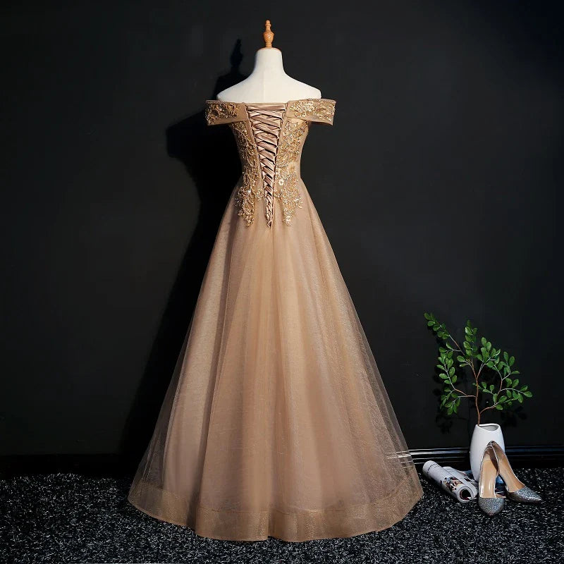 A-Line Off Shoulder Applique Lace Tulle Champagne Long Prom Dress