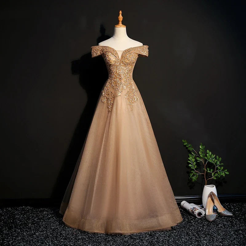 A-Line Off Shoulder Applique Lace Tulle Champagne Long Prom Dress