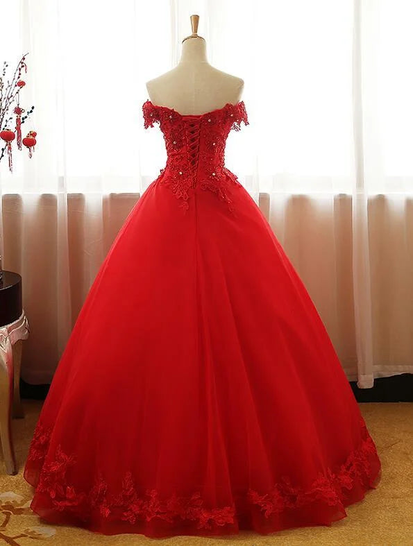 A-Line Off Shoulder Applique Tulle Red Long Evening Dress Prom Dress