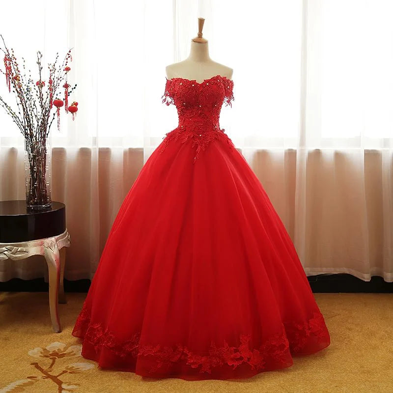 A-Line Off Shoulder Applique Tulle Red Long Evening Dress Prom Dress