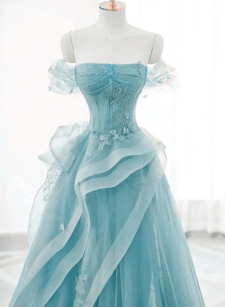 A-Line Off Shoulder Beaded Tulle Blue Long Prom Dress With Applique