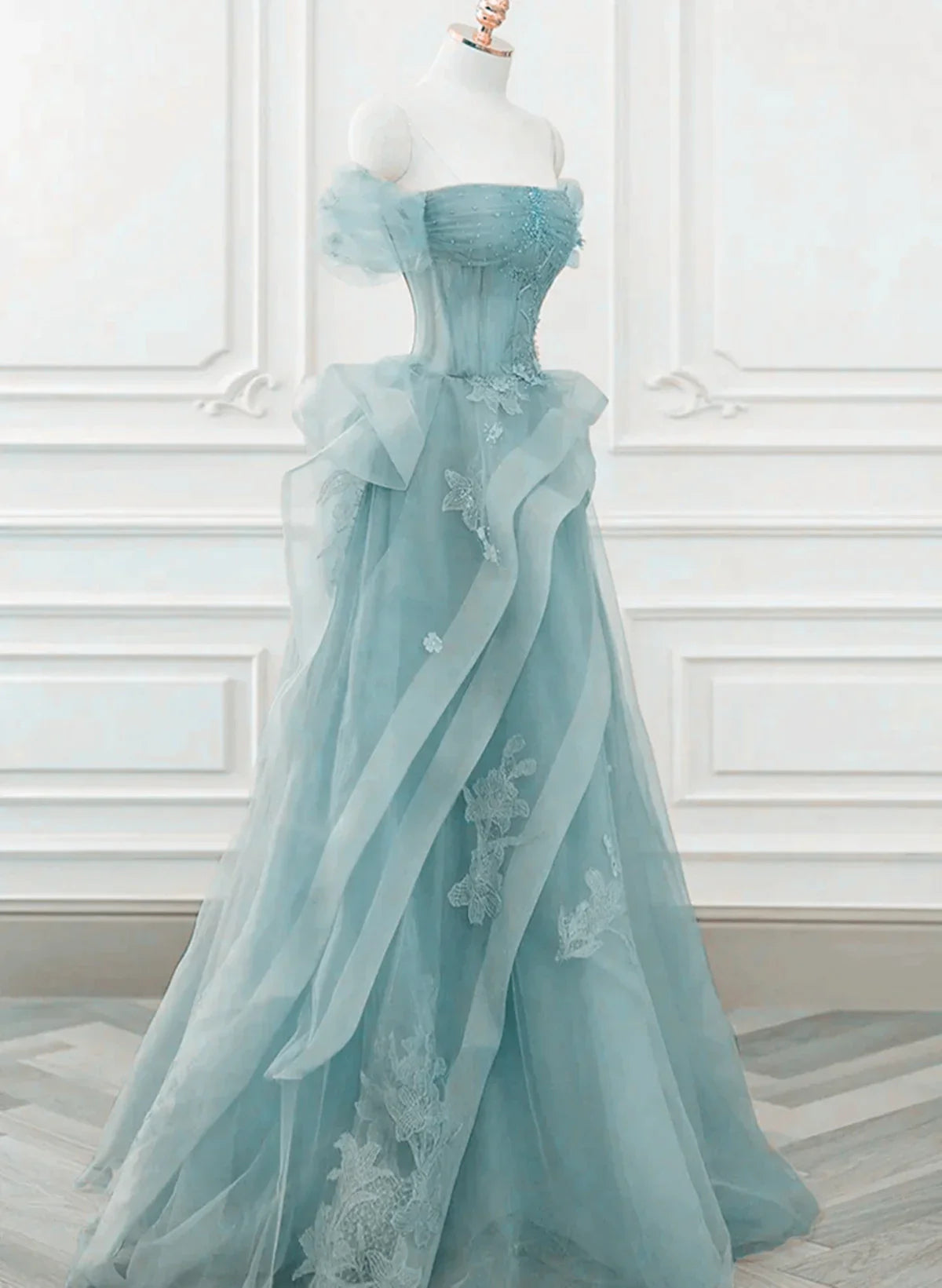 A-Line Off Shoulder Beaded Tulle Blue Long Prom Dress With Applique