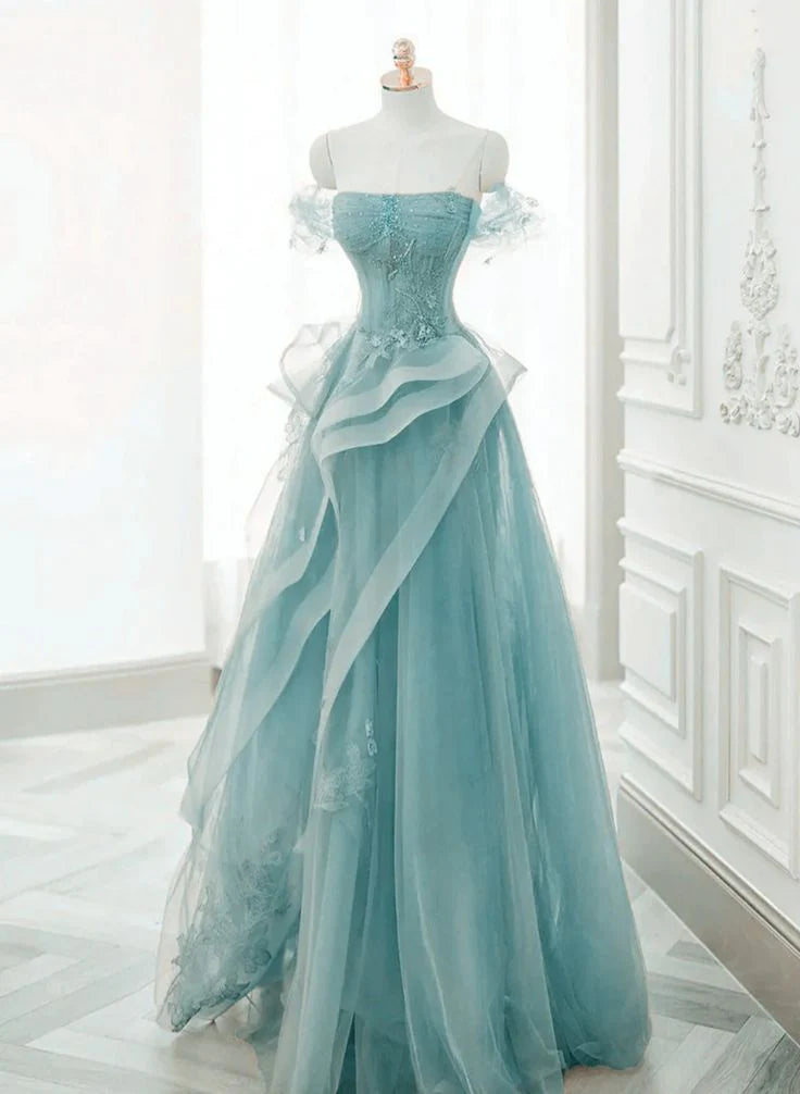 A-Line Off Shoulder Beaded Tulle Blue Long Prom Dress With Applique