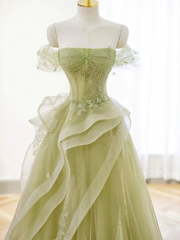 A-Line Off Shoulder Beaded Tulle Green Long Prom Dress With Applique