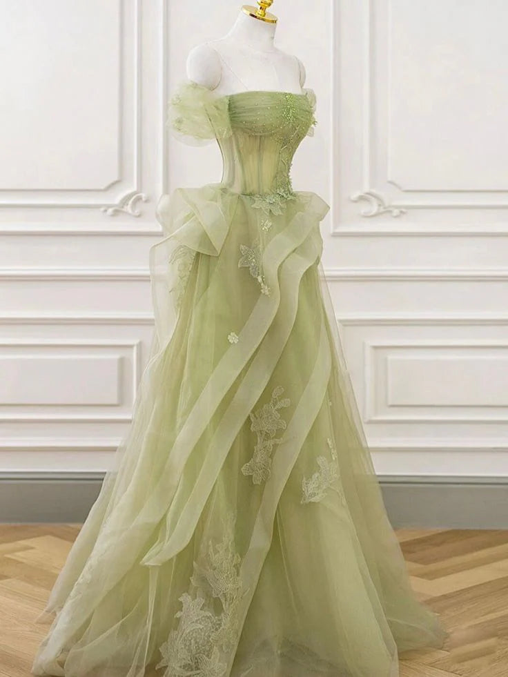 A-Line Off Shoulder Beaded Tulle Green Long Prom Dress With Applique