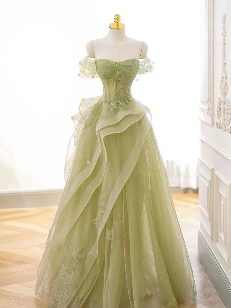 A-Line Off Shoulder Beaded Tulle Green Long Prom Dress With Applique