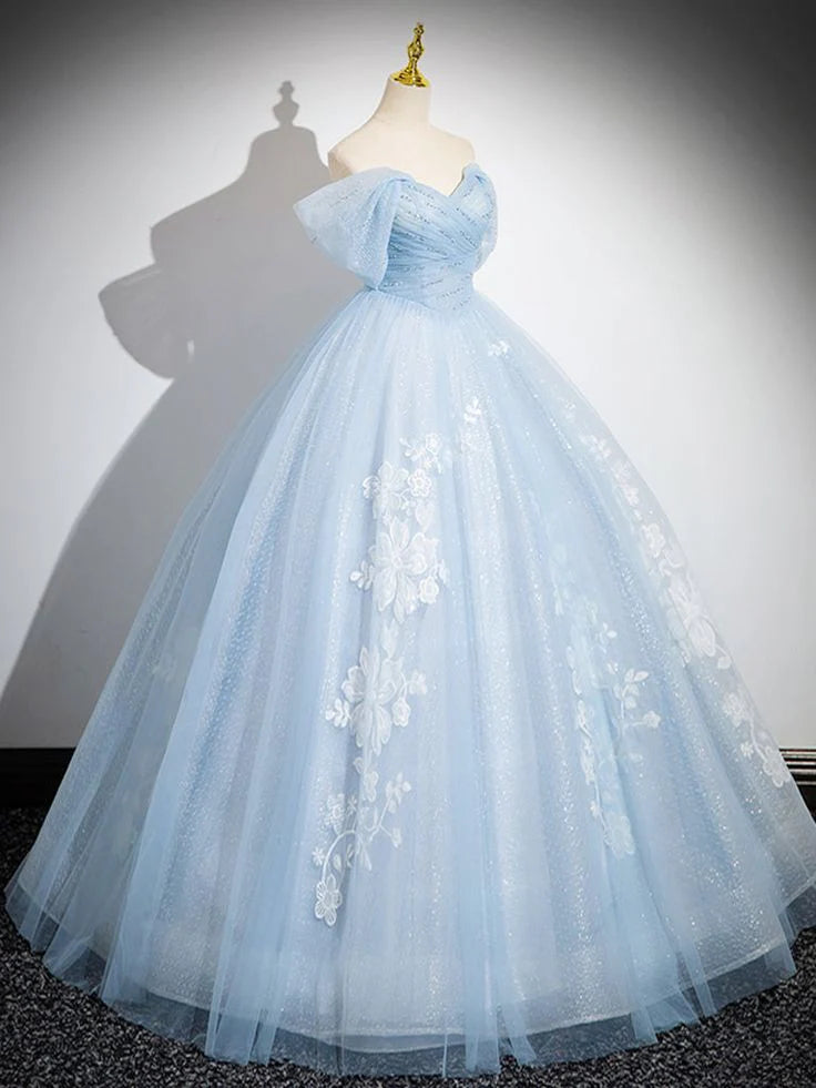 A-Line Off Shoulder Beaded Tulle Lace Blue Long Prom Dress Sweet 16 Dress