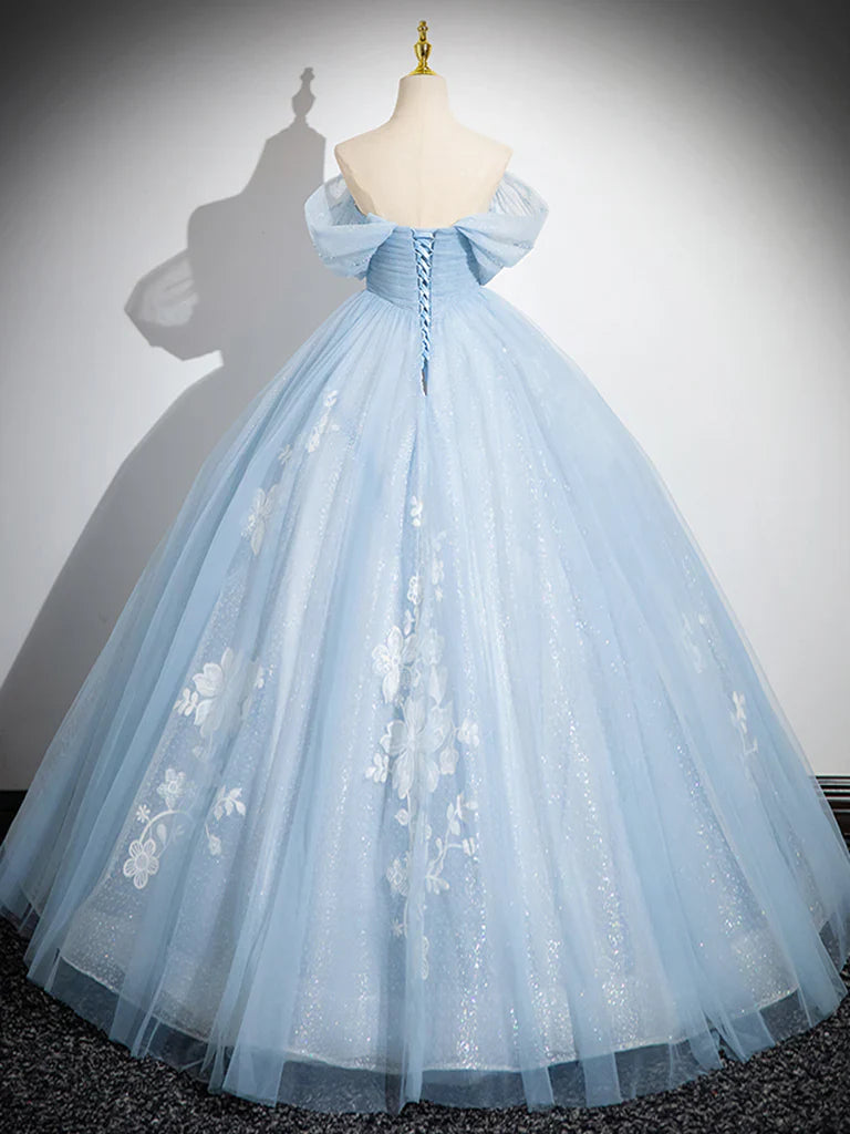 A-Line Off Shoulder Beaded Tulle Lace Blue Long Prom Dress Sweet 16 Dress
