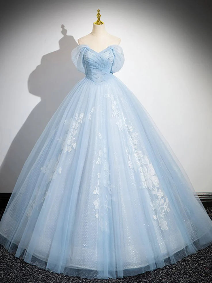 A-Line Off Shoulder Beaded Tulle Lace Blue Long Prom Dress Sweet 16 Dress