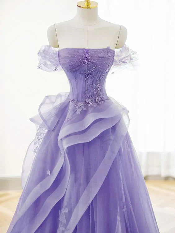 A-Line Off Shoulder Beaded Tulle Purple Long Prom Dress With Applique