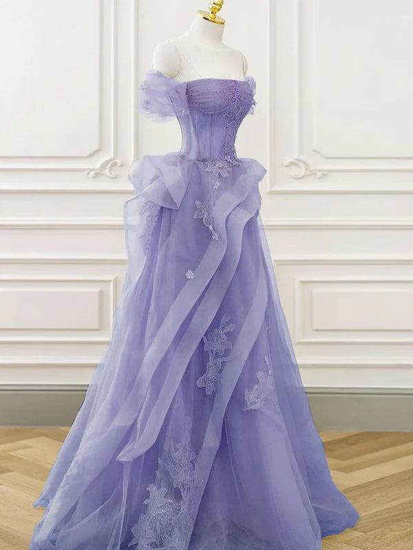 A-Line Off Shoulder Beaded Tulle Purple Long Prom Dress With Applique